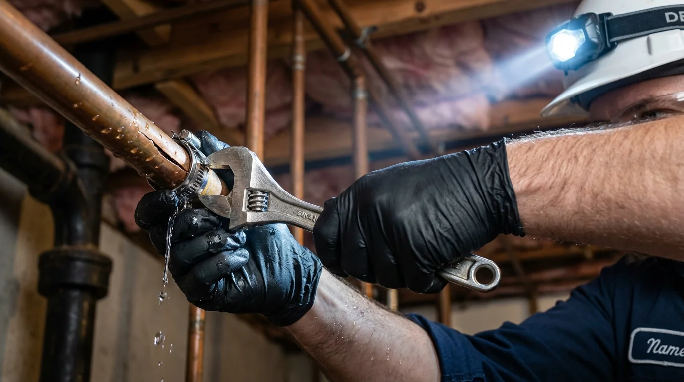 Emergency pipe clamp repair being performed by a Johns Plumbing LLC plumber in Northampton