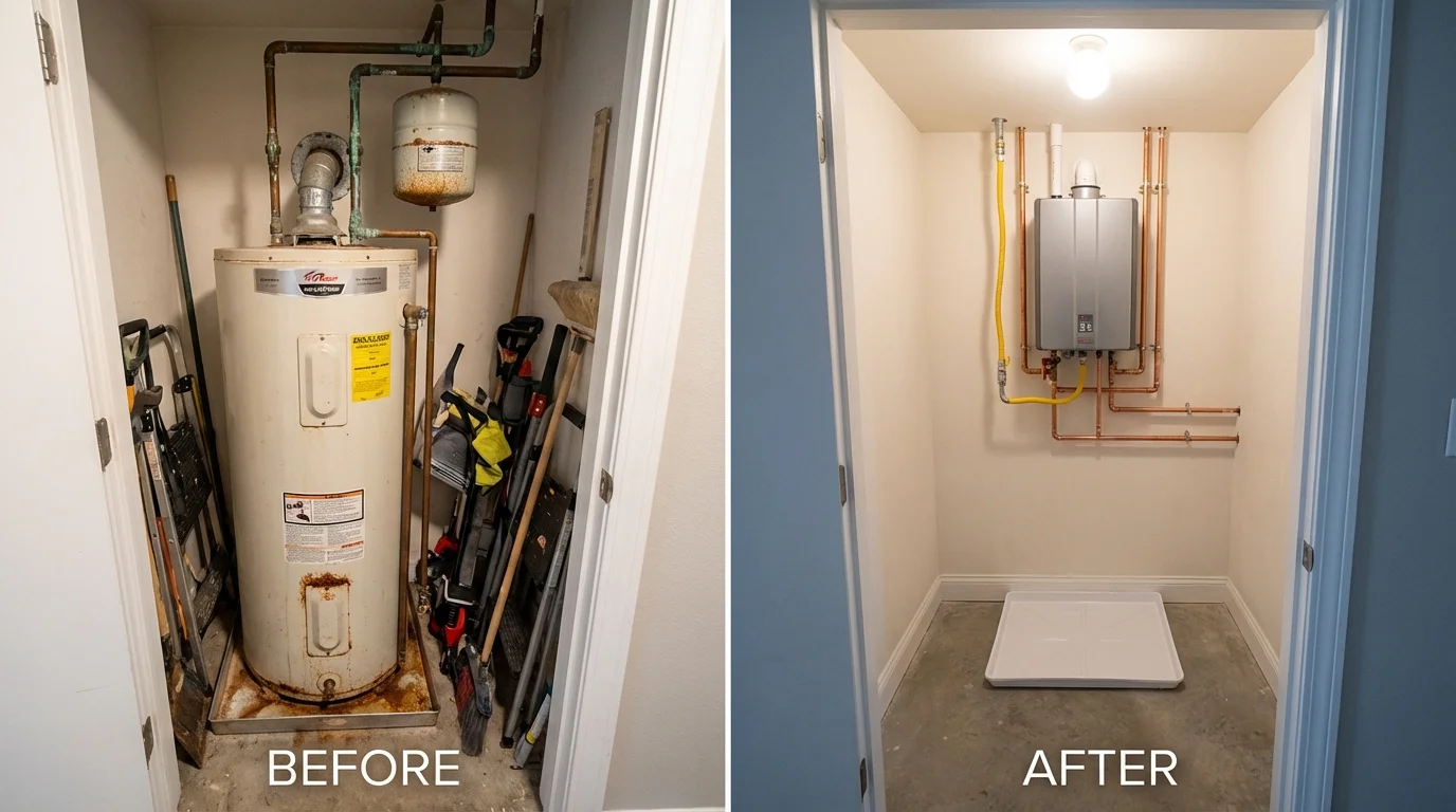 Tank water heater versus wall-mounted tankless unit comparison for Northampton, MA homeowners