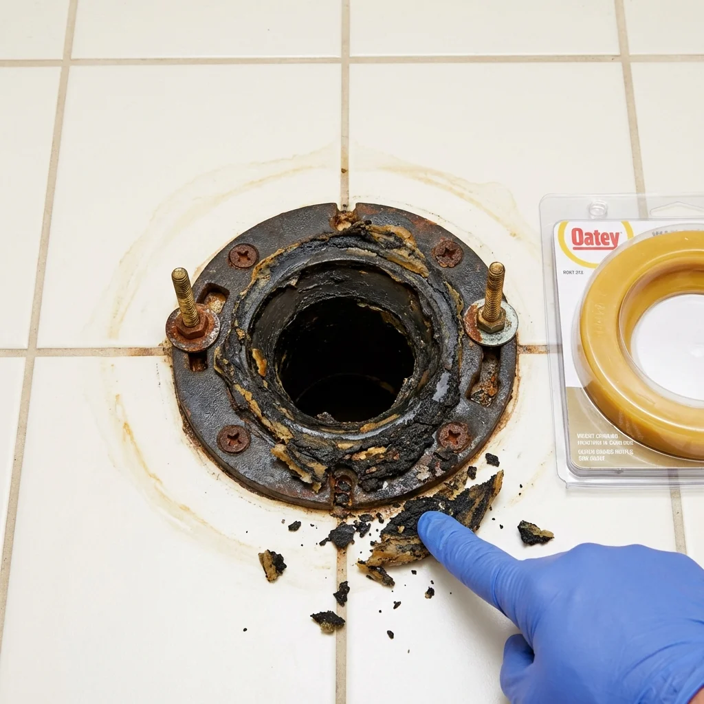 Failed wax ring showing water seepage at the base of a toilet in a Northampton, MA home