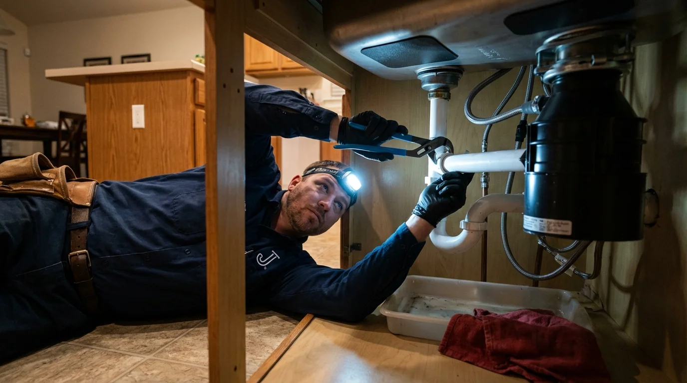 P-trap and supply line connections under a kitchen sink showing a common leak point in Northampton, MA